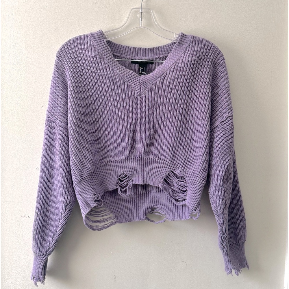 Purple distressed V-neck sweater